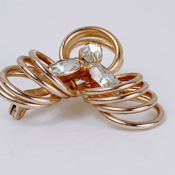 Vintage Mid Century Brooch Wire Loop Marquise Rhinestones Atomic Gold Tone - Picture 6 of 10